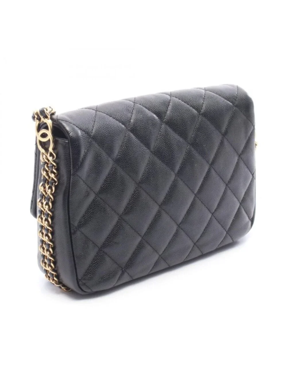 Chanel Shoulder Bag Quilted Black Caviar Leather Mini Chain